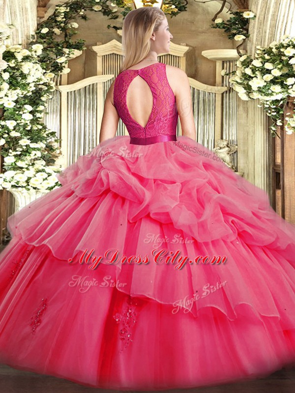 Fuchsia Organza Zipper Scoop Sleeveless Floor Length Quinceanera Dress Lace and Ruffled Layers