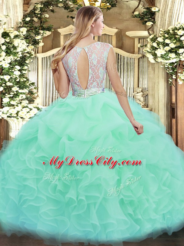 Champagne Scoop Backless Lace and Ruffles Ball Gown Prom Dress Sleeveless