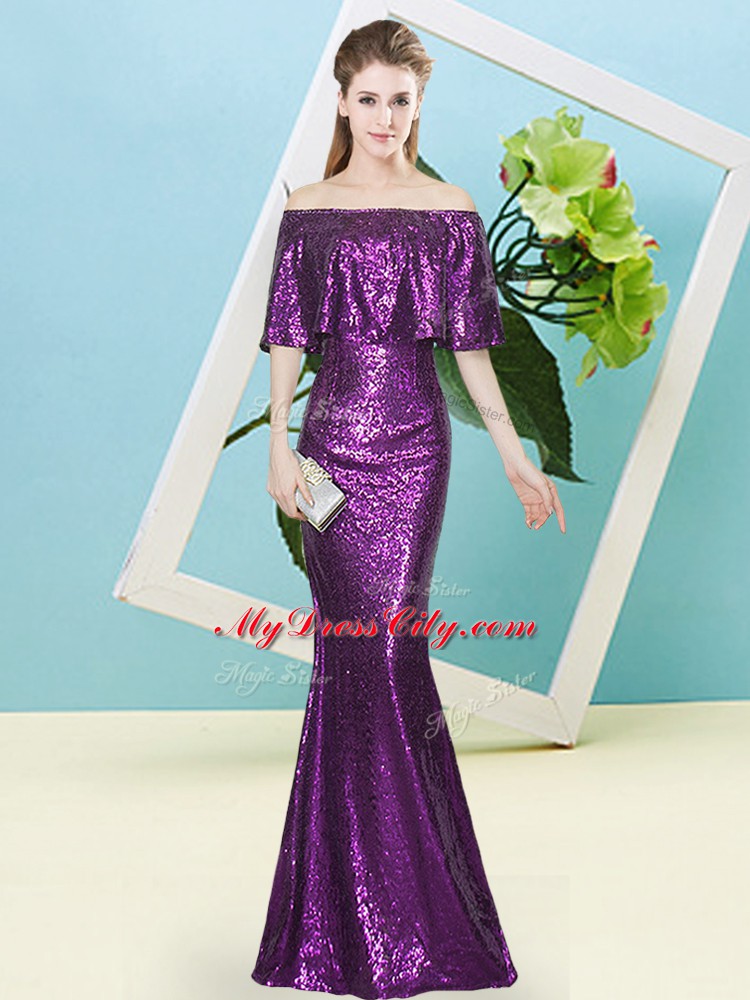 Admirable Sequins Prom Gown Purple Zipper Half Sleeves Floor Length