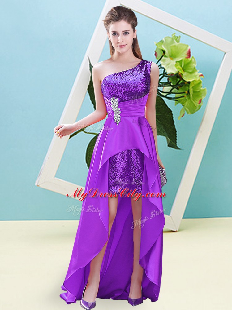 Suitable Eggplant Purple Prom Dresses Prom and Party with Beading and Sequins One Shoulder Sleeveless Lace Up