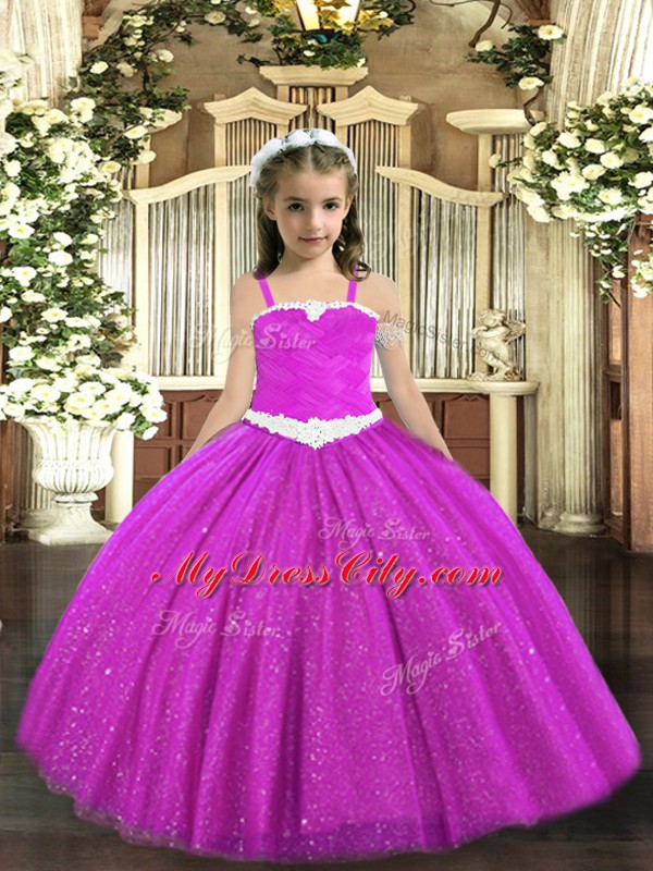 Sleeveless Floor Length Appliques Zipper Kids Pageant Dress with Fuchsia