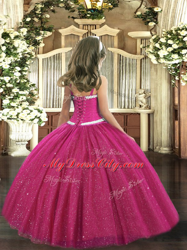 Sleeveless Floor Length Appliques Zipper Kids Pageant Dress with Fuchsia