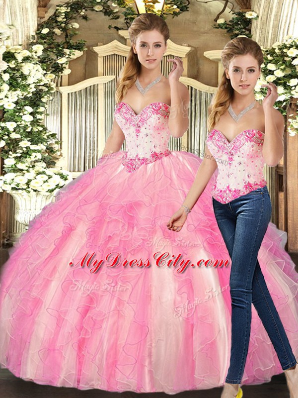 Noble Beading and Ruffles Ball Gown Prom Dress Rose Pink Lace Up Sleeveless Floor Length