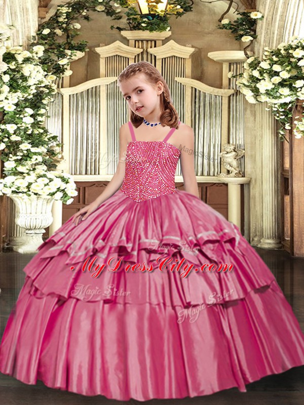 Floor Length Ball Gowns Sleeveless Rose Pink Girls Pageant Dresses Lace Up