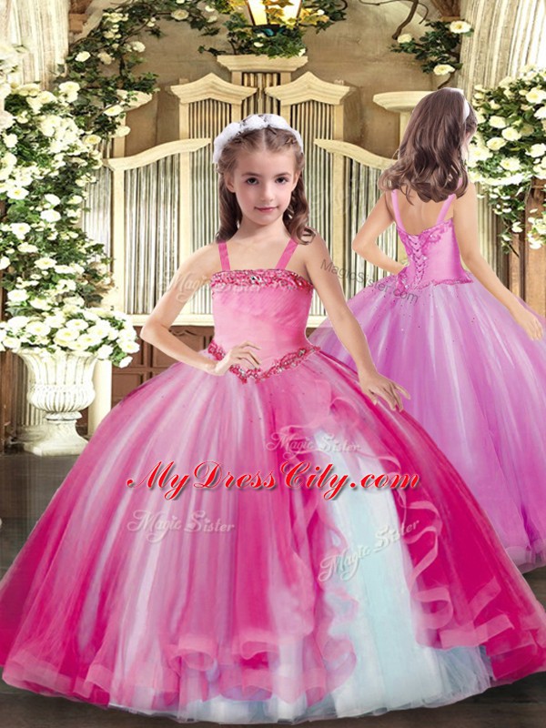 Gorgeous Straps Sleeveless Tulle Kids Pageant Dress Appliques Lace Up