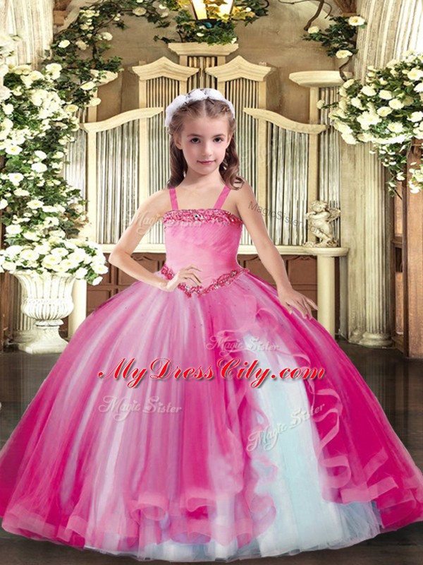 Gorgeous Straps Sleeveless Tulle Kids Pageant Dress Appliques Lace Up