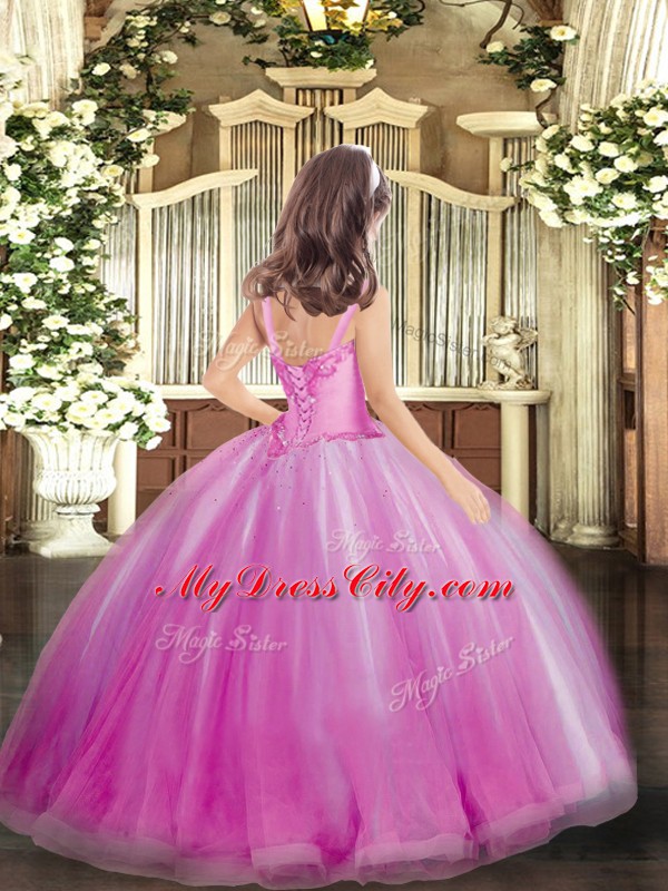 Gorgeous Straps Sleeveless Tulle Kids Pageant Dress Appliques Lace Up