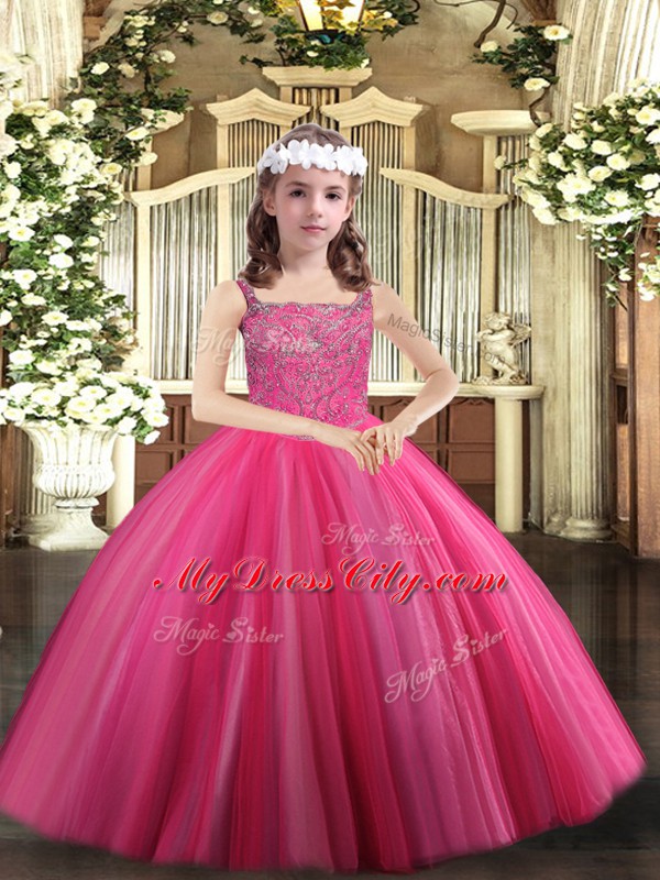 Floor Length Lace Up Little Girls Pageant Dress Wholesale Hot Pink for Party and Sweet 16 and Quinceanera and Wedding Party with Beading