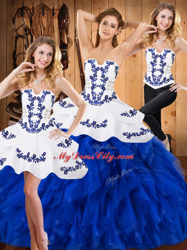 Ideal Strapless Sleeveless Vestidos de Quinceanera Floor Length Embroidery and Ruffles Blue And White Satin and Organza