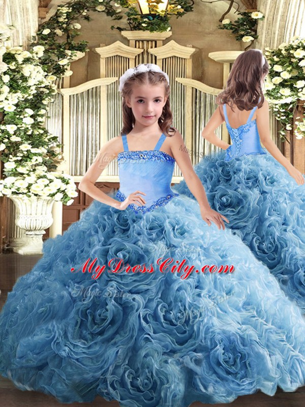 Discount Baby Blue Straps Lace Up Appliques Kids Pageant Dress Sleeveless