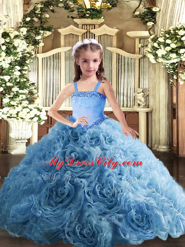 Discount Baby Blue Straps Lace Up Appliques Kids Pageant Dress Sleeveless