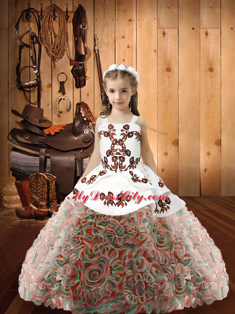 Stunning Multi-color Lace Up Straps Embroidery Pageant Dresses Fabric With Rolling Flowers Sleeveless