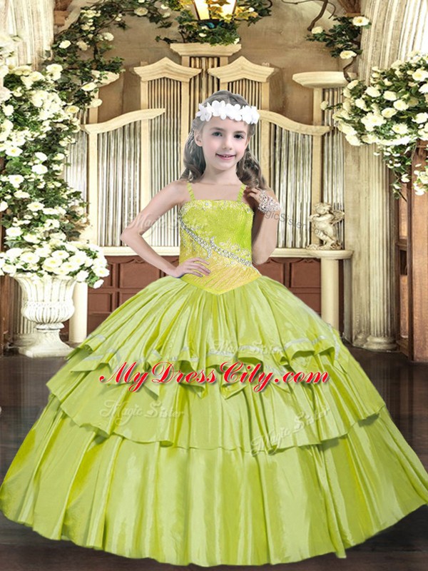 Elegant Yellow Green Sleeveless Organza Lace Up Little Girl Pageant Gowns for Party and Quinceanera