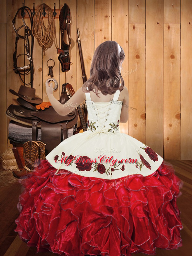 Sleeveless Lace Up Floor Length Embroidery and Ruffles Pageant Dress for Teens