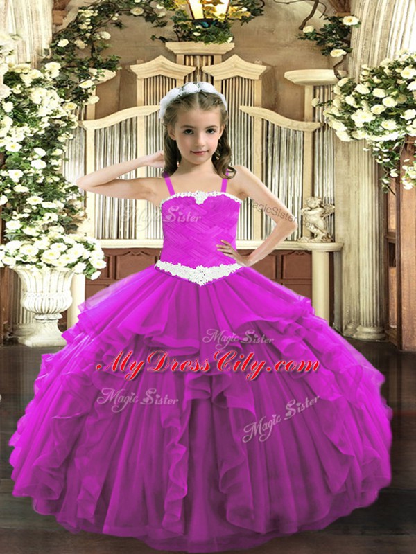 Fuchsia Tulle Lace Up Pageant Dress for Girls Sleeveless Floor Length Appliques and Ruffles