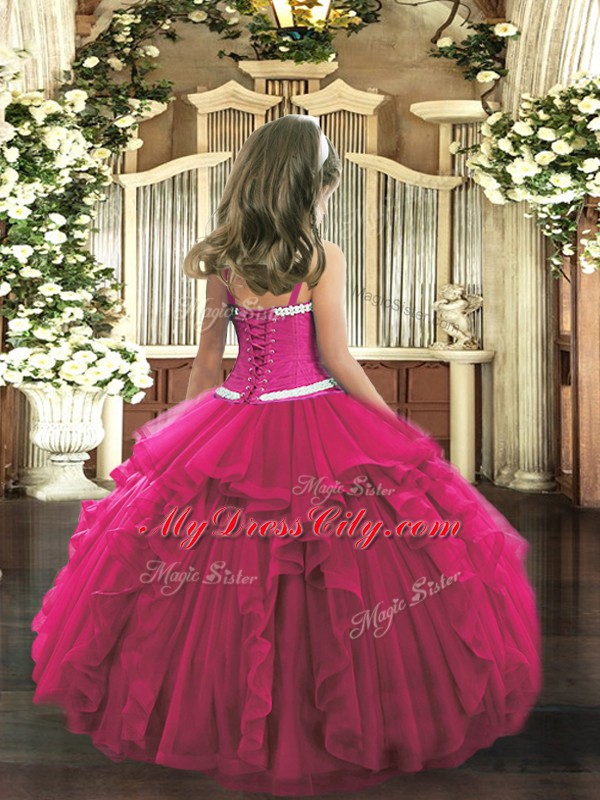 Fuchsia Tulle Lace Up Pageant Dress for Girls Sleeveless Floor Length Appliques and Ruffles