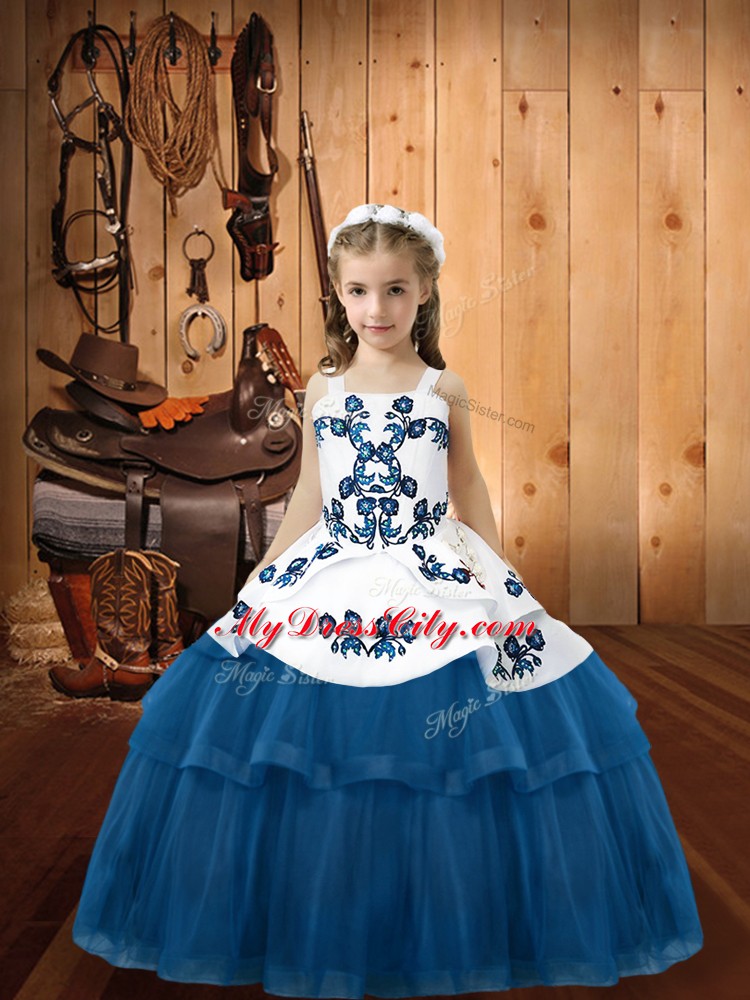 Great Blue Sleeveless Tulle Lace Up Pageant Gowns For Girls for Sweet 16 and Quinceanera