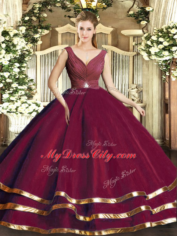 Tulle V-neck Sleeveless Backless Beading and Ruffled Layers and Ruching 15 Quinceanera Dress in Burgundy