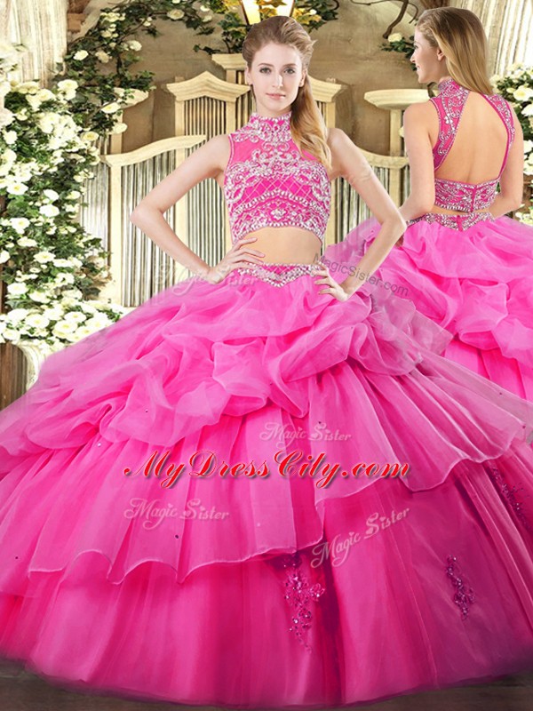 Floor Length Backless 15th Birthday Dress Hot Pink for Military Ball and Sweet 16 and Quinceanera with Beading and Ruffles and Pick Ups