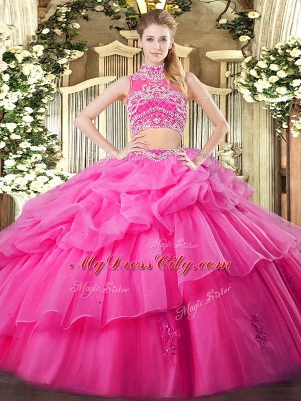 Floor Length Backless 15th Birthday Dress Hot Pink for Military Ball and Sweet 16 and Quinceanera with Beading and Ruffles and Pick Ups