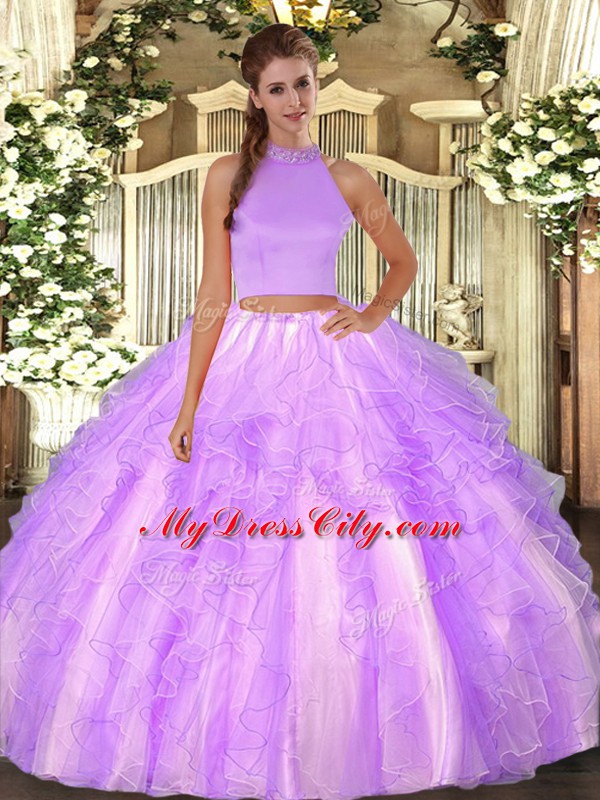 Cheap Lavender Organza Backless Quinceanera Gown Sleeveless Floor Length Beading and Ruffles