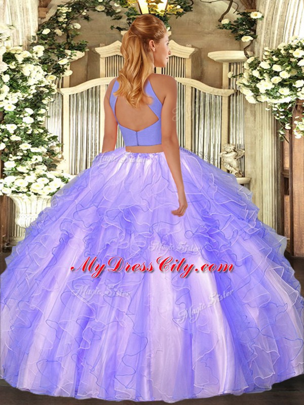 Cheap Lavender Organza Backless Quinceanera Gown Sleeveless Floor Length Beading and Ruffles