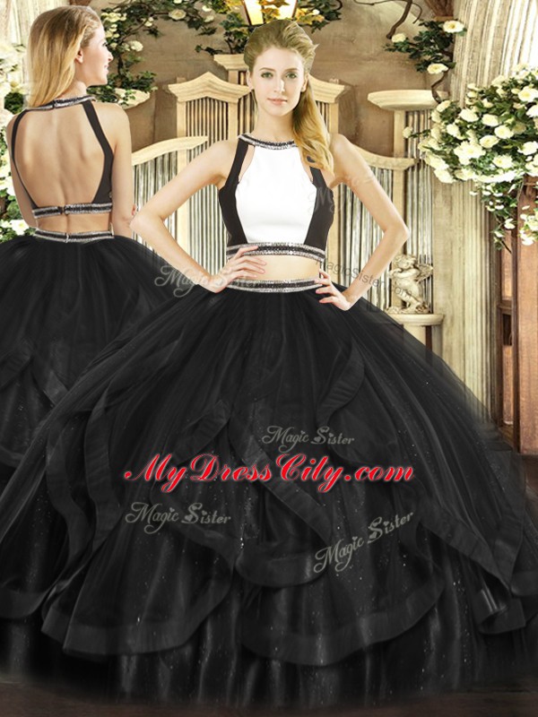 Pretty Black Sleeveless Floor Length Ruffles Backless Ball Gown Prom Dress