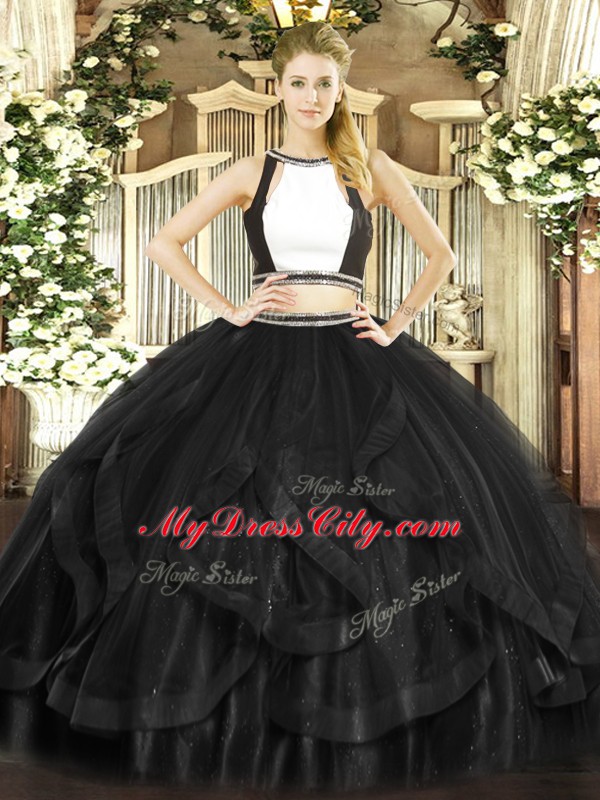 Pretty Black Sleeveless Floor Length Ruffles Backless Ball Gown Prom Dress