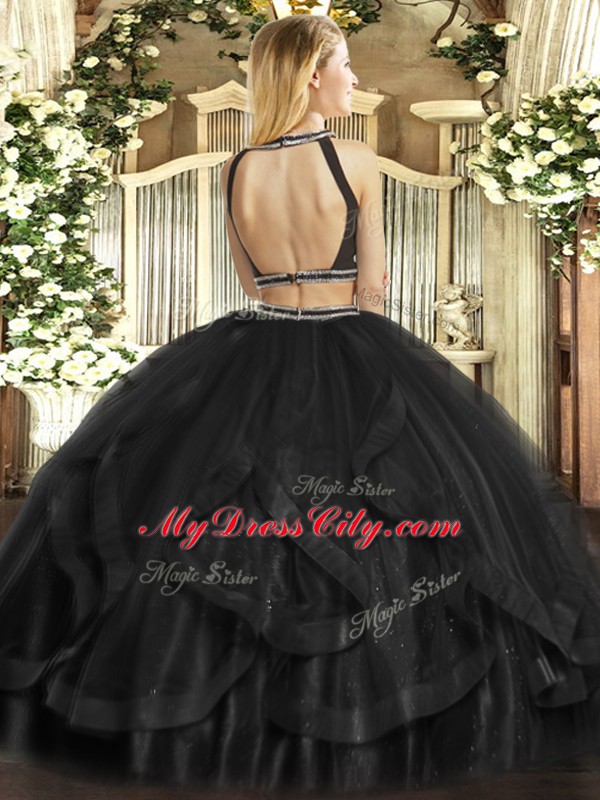 Pretty Black Sleeveless Floor Length Ruffles Backless Ball Gown Prom Dress