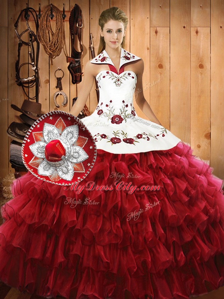 Trendy Wine Red Organza Lace Up Halter Top Sleeveless Floor Length Quinceanera Gown Embroidery and Ruffled Layers