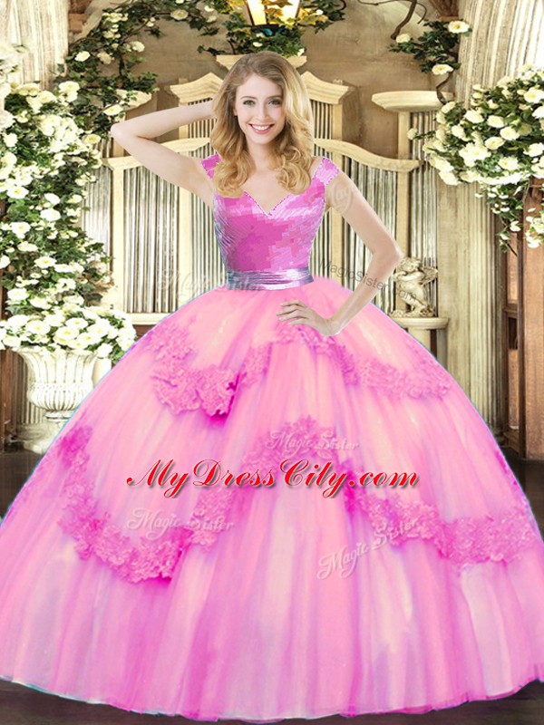 Rose Pink Sleeveless Tulle Zipper Quince Ball Gowns for Military Ball and Sweet 16 and Quinceanera