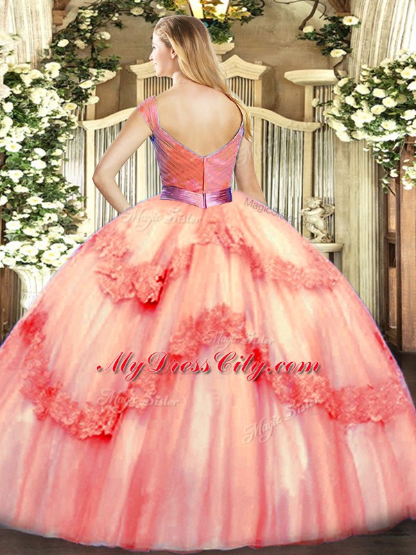 Rose Pink Sleeveless Tulle Zipper Quince Ball Gowns for Military Ball and Sweet 16 and Quinceanera