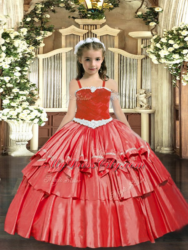 Custom Designed Organza Sleeveless Floor Length Girls Pageant Dresses and Appliques and Ruffled Layers