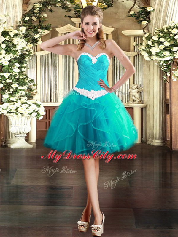 Nice Mini Length Aqua Blue Dress for Prom Sweetheart Sleeveless Lace Up