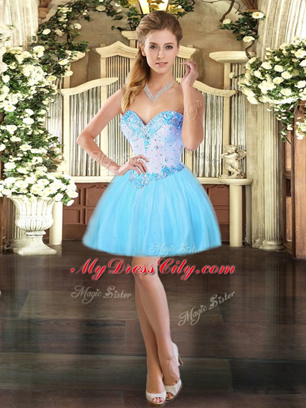 Fantastic Mini Length Aqua Blue Dress for Prom Tulle Sleeveless Beading