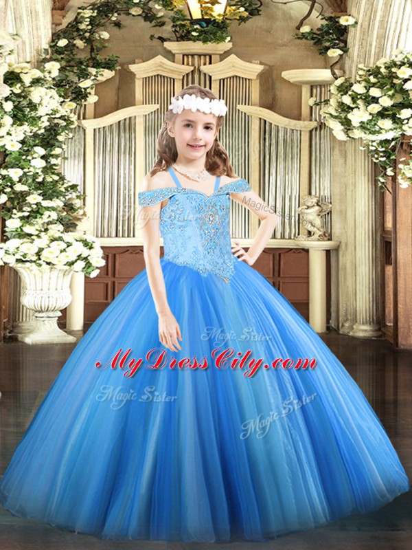 Floor Length Lace Up Kids Formal Wear Baby Blue for Party and Quinceanera with Beading