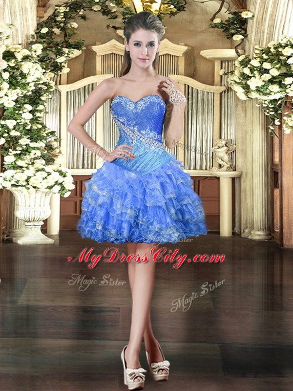 Classical Baby Blue Organza Lace Up Sweetheart Sleeveless Mini Length Prom Evening Gown Beading and Ruffled Layers