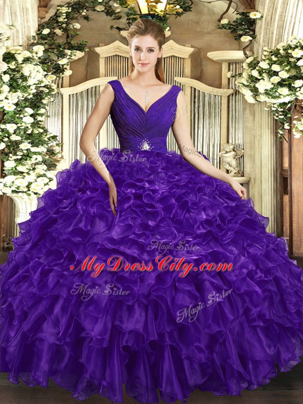 Organza V-neck Sleeveless Backless Beading and Ruffles Quinceanera Dresses in Purple