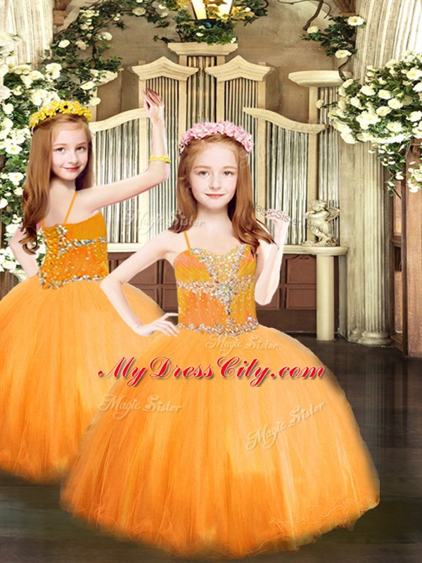 Orange Ball Gowns Tulle Spaghetti Straps Sleeveless Beading Floor Length Lace Up Pageant Gowns For Girls