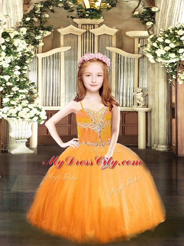 Orange Ball Gowns Tulle Spaghetti Straps Sleeveless Beading Floor Length Lace Up Pageant Gowns For Girls