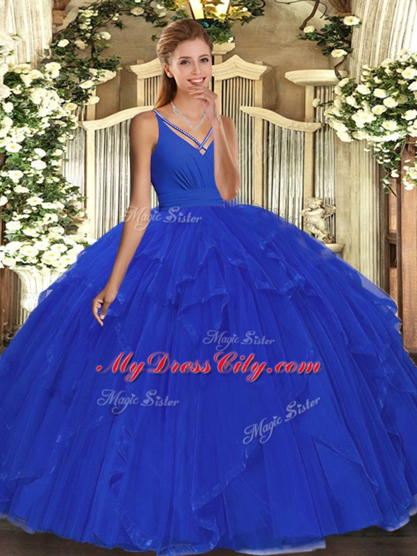 Vintage Sleeveless Organza Floor Length Backless Quinceanera Dresses in Blue with Ruffles