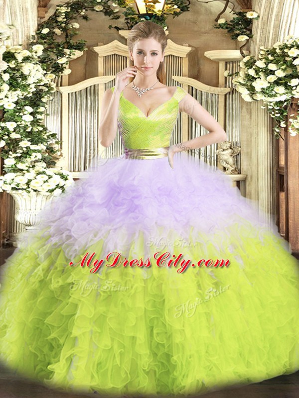 Fabulous V-neck Sleeveless Zipper 15 Quinceanera Dress Multi-color Organza