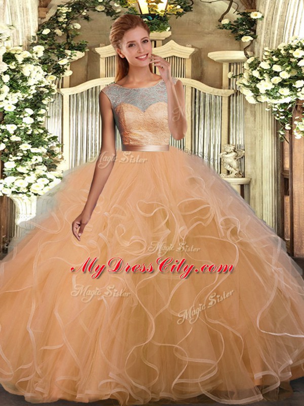 Romantic Peach Ball Gowns Lace and Ruffles Vestidos de Quinceanera Backless Tulle Sleeveless Floor Length