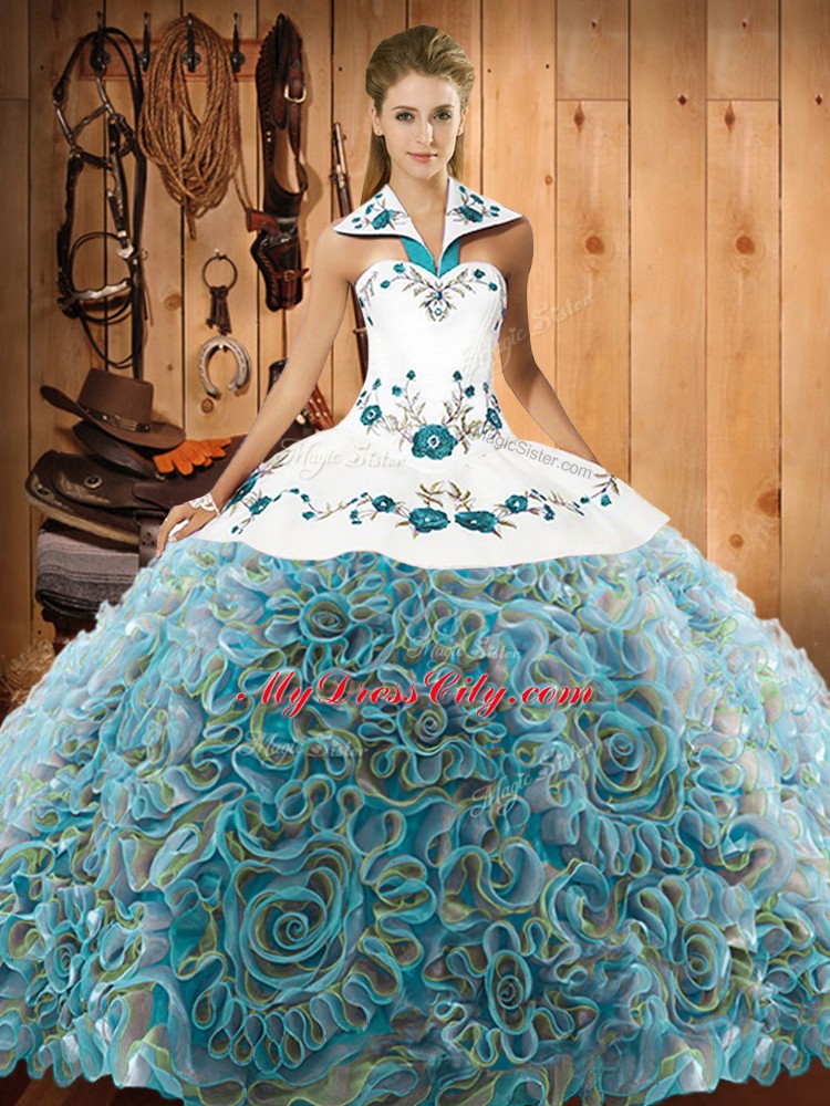 Extravagant Multi-color Quinceanera Dress Military Ball and Sweet 16 and Quinceanera with Embroidery Halter Top Sleeveless Sweep Train Lace Up