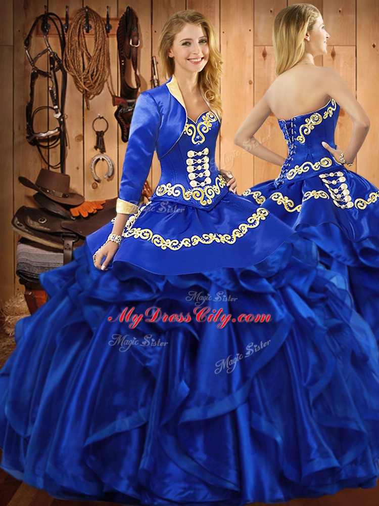 Custom Designed Organza Sweetheart Sleeveless Lace Up Embroidery and Ruffles 15th Birthday Dress in Royal Blue