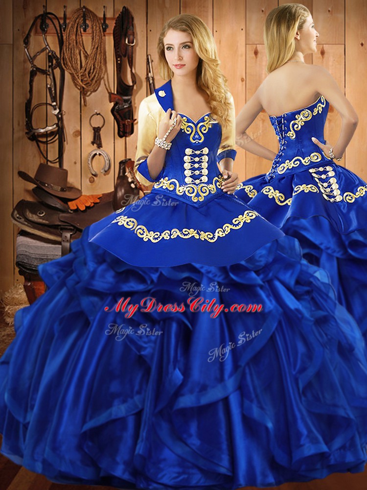 Custom Designed Organza Sweetheart Sleeveless Lace Up Embroidery and Ruffles 15th Birthday Dress in Royal Blue