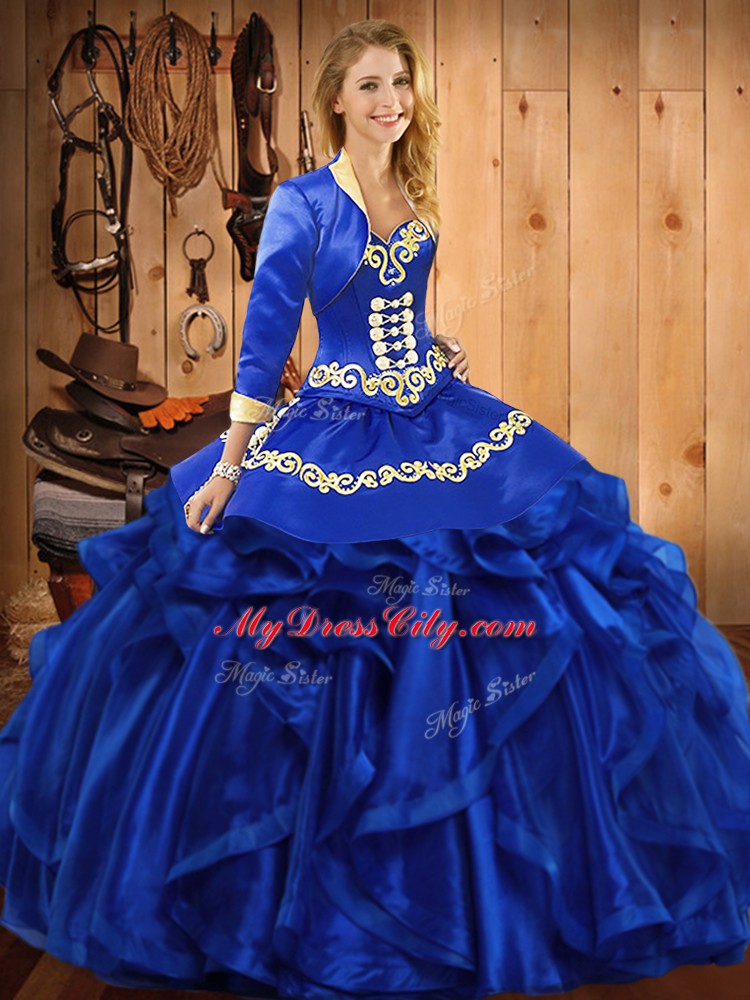 Custom Designed Organza Sweetheart Sleeveless Lace Up Embroidery and Ruffles 15th Birthday Dress in Royal Blue