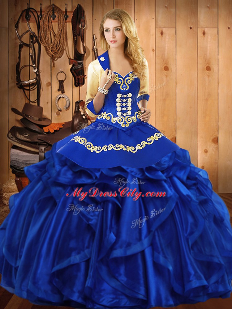 Custom Designed Organza Sweetheart Sleeveless Lace Up Embroidery and Ruffles 15th Birthday Dress in Royal Blue