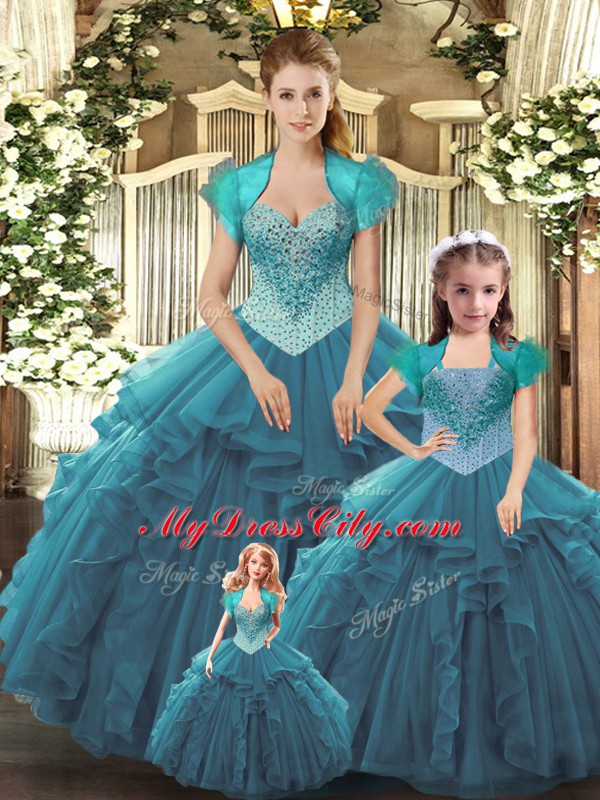 Excellent Teal Straps Neckline Beading and Ruffles Sweet 16 Dress Sleeveless Lace Up