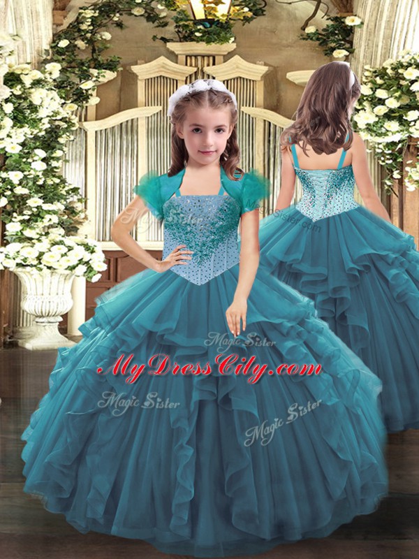 Excellent Teal Straps Neckline Beading and Ruffles Sweet 16 Dress Sleeveless Lace Up